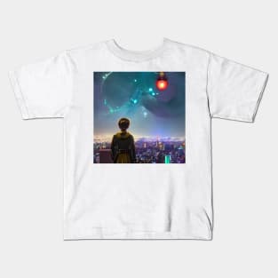 Warrior Looking at Spaceship Flying in Tokyo Japan Kids T-Shirt